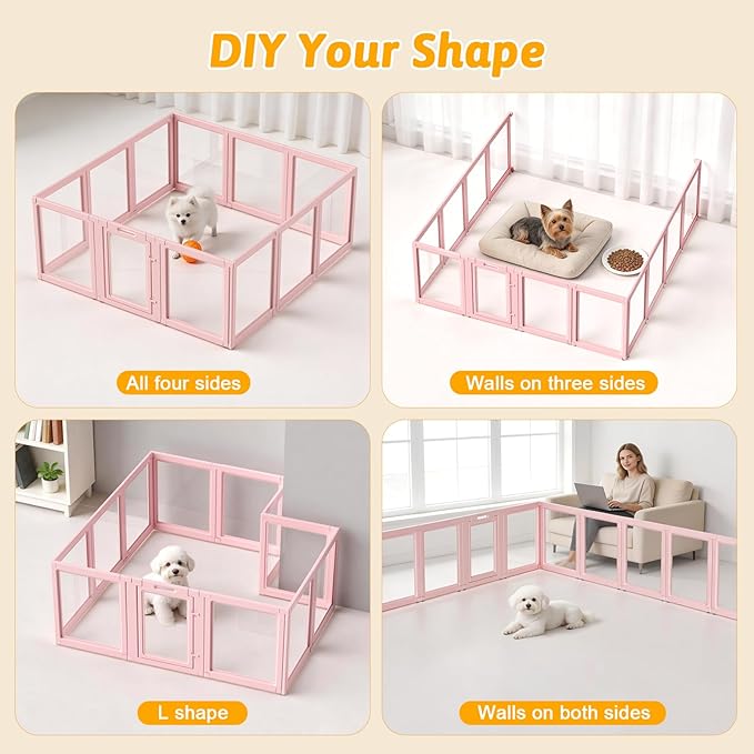 DIY Clear Acrylic Dog Playpen House,Quick Easy Assembly and Disassembly,Strong Floor Suction,Indoor and Outdoor Use,Easy Cleansing Puppy Fence (Skin Pink, 23.6" H, 12PCS)