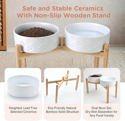 SPUNKYJUNKY Elevated Dog Bowls Ceramic, 8.3'' Dogs Food Water Bowls Raised with Non-Slip Bamboo Stand for Large Sized Breed Microwave Dishwasher Safe - 60 OZ,Paw White