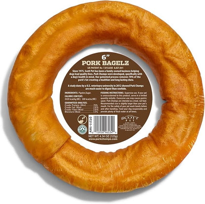 Pork Chomps Roasted Pork Skin Dog Chew, 6 Inch Bagel, 1 Count, Pack of 3 - Long-Lasting Treats for Dogs - High Protein, Rawhide-Free, Low Fat, Healthy & Delicious Chews