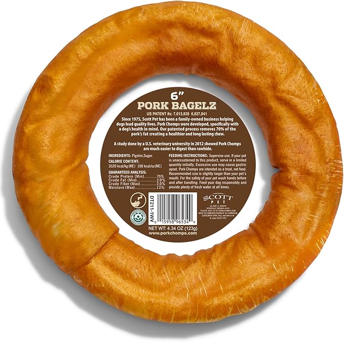 Pork Chomps Roasted Pork Skin Dog Chew, 6 Inch Bagel, 1 Count - Long-Lasting Treats for Dogs - High Protein, Rawhide-Free, Low Fat, Healthy & Delicious Chews