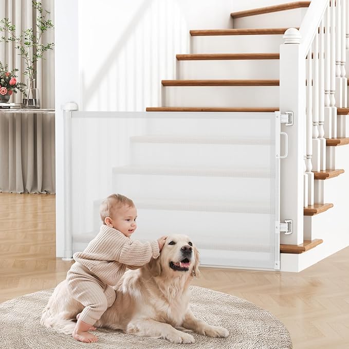 Retractable Baby Gate for Stairs, 55" Wide Mesh Dog Gate Indoor, 34" Tall Child Gate for Doorways, Hallways, Deck, Indoor Outdoor Pet Baby Safety Essentials for Home, White