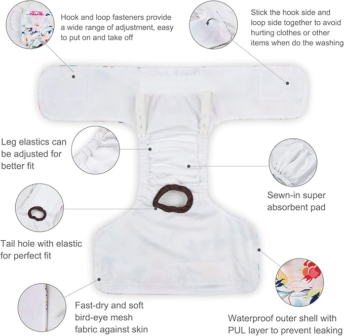 CuteBone Dog Diapers Female Washable Small Medium Large 3 Pack Reusable Doggie Diapers Puppy Period Pants for Doggy Heat Cycle Peeing