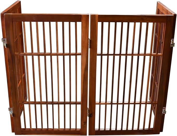 Urnporium Pet Dog Gate Freestanding, Strong Durable Folding Wooden Fence, Portable Acacia Hardwood Safety Barrier for Indoor & Outdoor Use (Brown Pet Gate, 4 Panel 30" Tall)