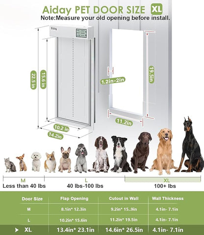 Automatic Dog Door with Collar Sensor, Up to 200 lbs, Electronic Extra Large Dog Door for Exterior Door with Mains-Powered, Timing Function, Anti-Pinch