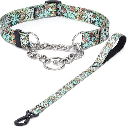 Martingale Dog Collar with Stainless Steel Chain - Limited Chain Cinch Training Collar for No Pull Training Dog - Flower Multicolor Cute Patterns - Premium No Slip Collar (M, Green Set)