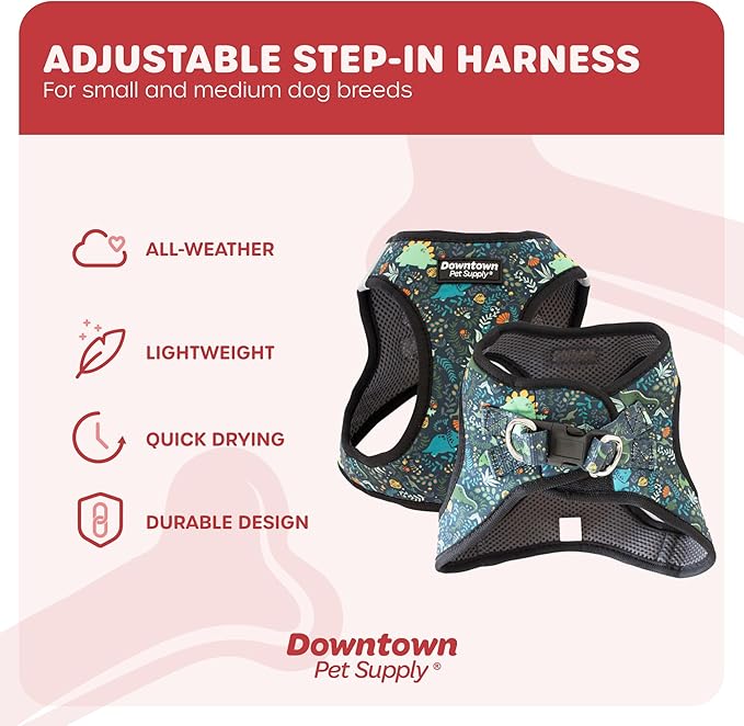 Downtown Pet Supply Step-in Dog Harness – No Pull, Adjustable Padded Mesh with Reflective Trim, Secure Buckle Strap – Comfortable & Breathable Small Dog Harness, X-Small, Dinosaur