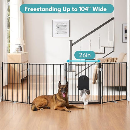 No Pawblems Free Standing Dog Gate with Cat Door, 30'' Tall Foldable Dog Fence for Indoor & Outdoor, Up to 104 Inch Extra Wide Puppy Gate for Stairs, Hallways, Doorways, Deck, Yard (Black, 4 Panels)