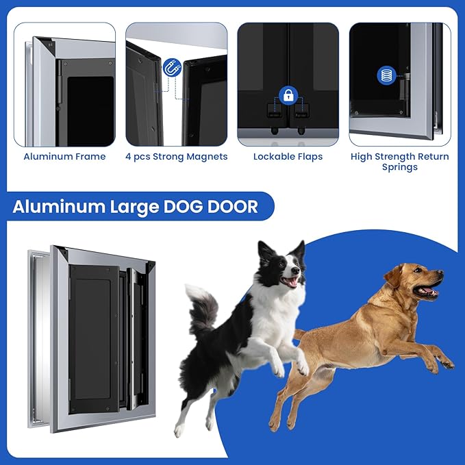 Aluminum Dog Door,French Style with Magnetic Flaps,with Aluminum Telescoping Tunnel Heavy-Duty Dog Door for Large and Medium Doggy Up to 110LBS (Large,Smoky Gray)