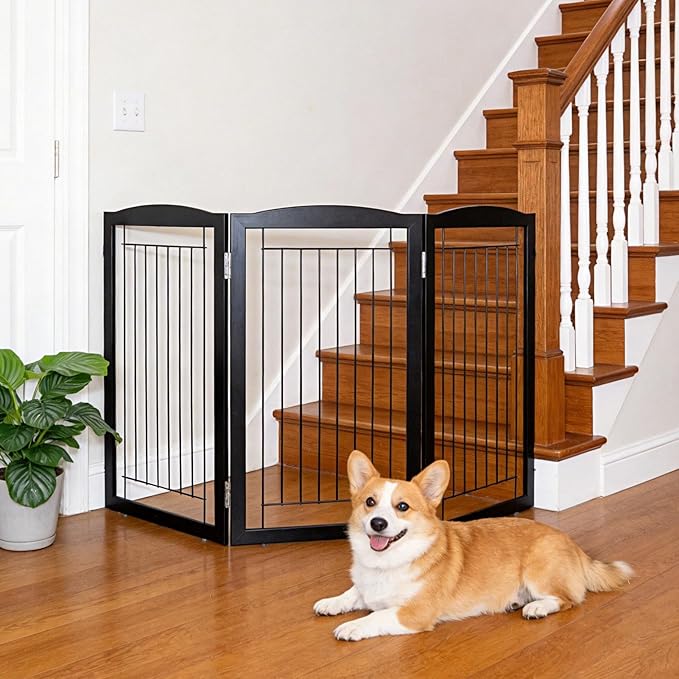 ZJSF Freestanding Foldable Dog Gate for House Extra Wide Wooden Black Puppy Gate Stairs Dog Gates Doorways Tall Pet Gate 3 Panels Pet Fence