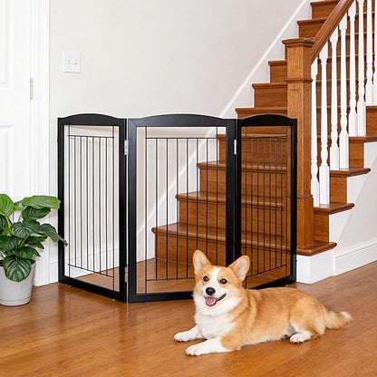 ZJSF Freestanding Foldable Dog Gate for House Extra Wide Wooden Black Puppy Gate Stairs Dog Gates Doorways Tall Pet Gate 3 Panels Pet Fence