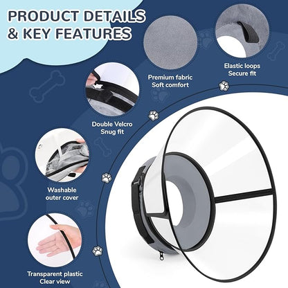 Sponge Core Dog Cone, Inflatable Dog Cone Collar Alternative, Dogs Donut Collar After Surgery, Soft Cone for Large Medium Small Dogs to Stop Licking, No Inflation Required, Clear View(Size 2, Gray)