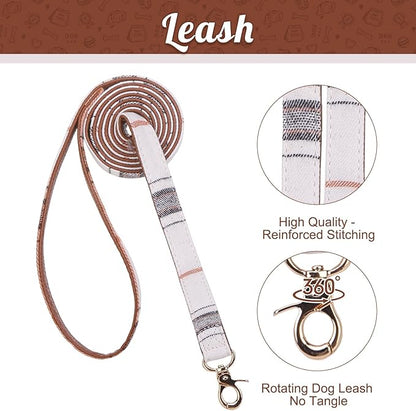 EXPAWLORER Puppy Collar and Leash Set - Classic Plaid Small Dog Collar with Bow Tie, Cute Dog Collar and Leash Set, Adjustable Dog Collar for Small Dogs Cats Holiday Birthday Gifts, Beige S-M