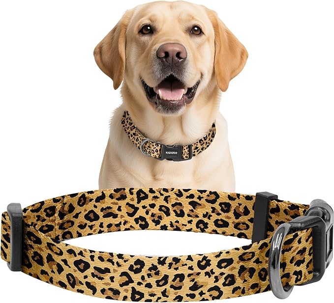 Kazazoo Dog Collar Cute and Soft Nylon Puppy Collar for Boy and Girl, Adjustable Dog Collars for Medium Large Dogs, Brown Leopard-L
