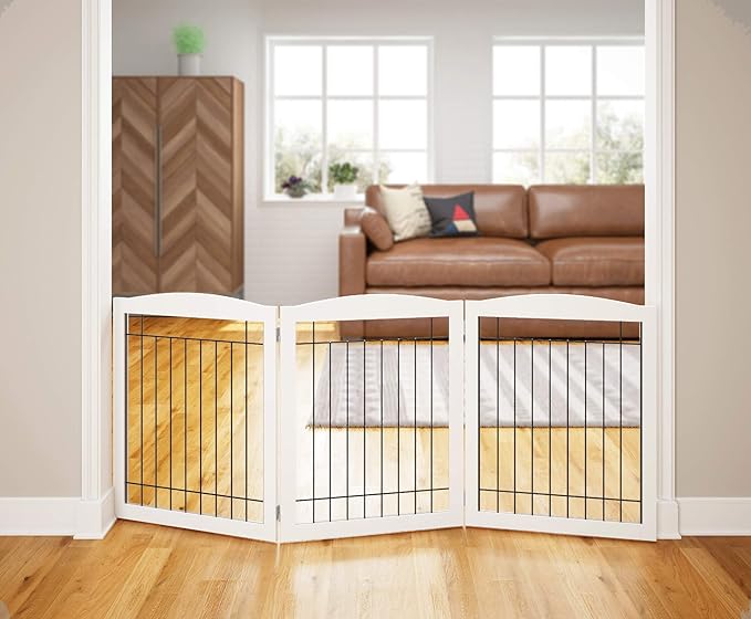 PAWLAND 72“ Extra Wide Dog gate for The House, Doorway, Stairs, Freestanding Foldable Wire Pet Gate, Pet Puppy Safety Fence, 30" Height (White, 3 Panels)