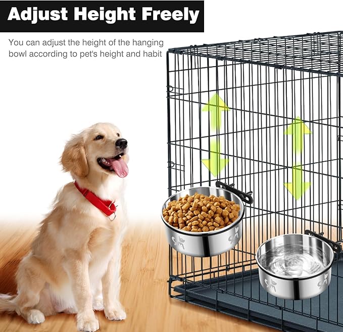 Dog Crate Water Bowl No Spill, Dog Crate Bowls Hanging 2 Pack, Kennel Water Bowl Mountable, Stainless Steel Coop Cup, Pet Cage Accessories, Food Dish Feeder for Cat Puppy Rabbit Bunny Bird Ferret