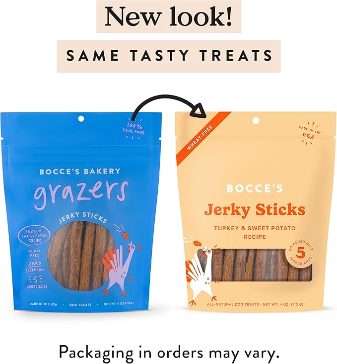 Bocce's Bakery Jerky Stick Dog Treats, Wheat-Free, Made with Limited-Ingredients, Baked in The USA with No Added Salt or Sugar, Natural & High-Protein, Turkey & Sweet Potato, 4 oz