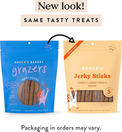 Bocce's Bakery Jerky Stick Dog Treats, Wheat-Free, Made with Limited-Ingredients, Baked in The USA with No Added Salt or Sugar, Natural & High-Protein, Turkey & Sweet Potato, 4 oz