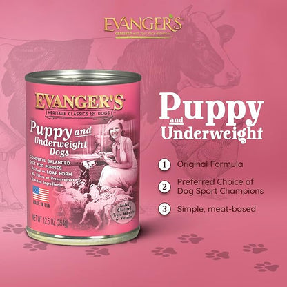 Evanger's Heritage Classic Puppy Food – 12 Count, 12.5 oz Each – Tasty Meat-Based Formula for Puppies & Underweight Dogs – Added Vitamins & Chelated Trace Minerals – Grain & Gluten Free