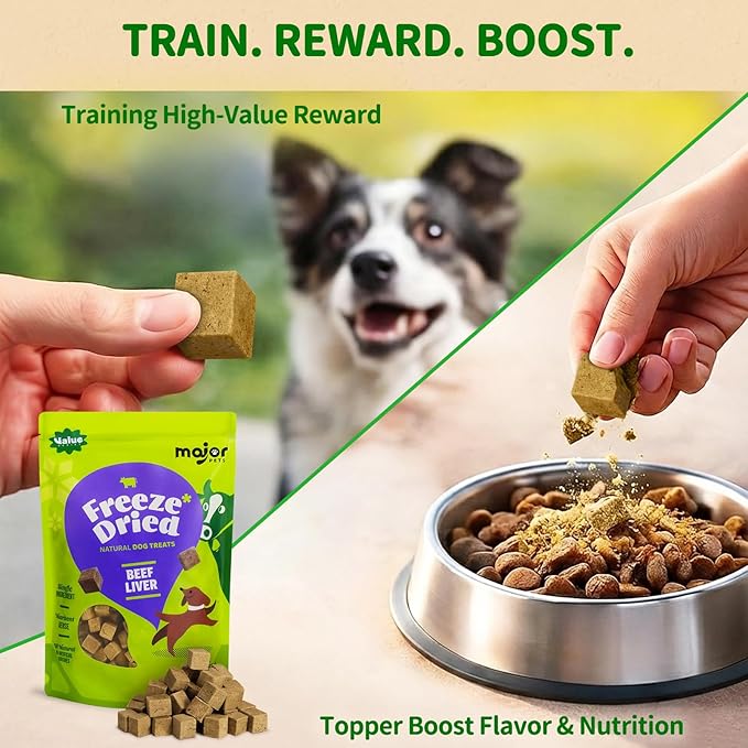 MAJOR PETS Freeze Dried Beef Liver Dog Treats - Single Ingredient - No Preservatives & High Protein - Grain Free - Premium Training Treats & Meal Topper - Made and Sourced in the USA - 3.5 oz