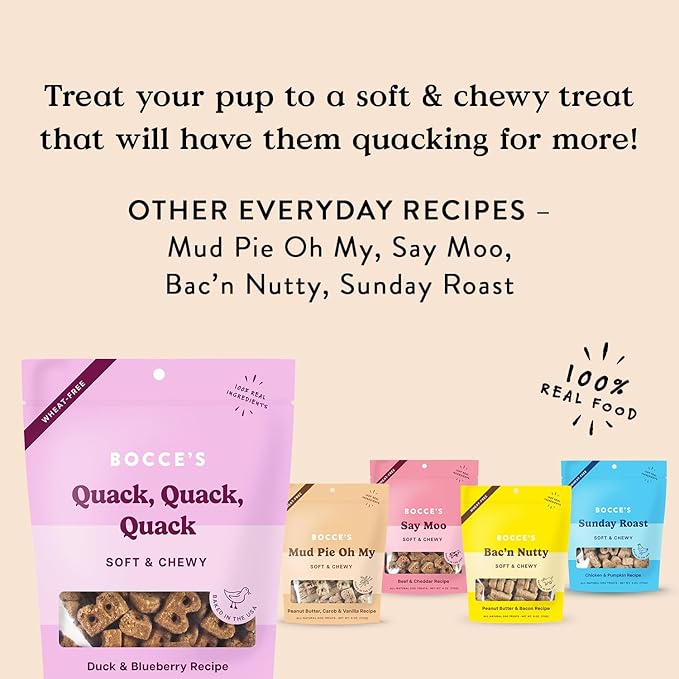 Bocce's Bakery Oven Baked Quack Quack Quack Dog Treats - Natural, Real Ingredient, Wheat-Free Soft & Chewy Cookies - Baked in The USA, Peanut Butter & Banana Flavor, 6 oz