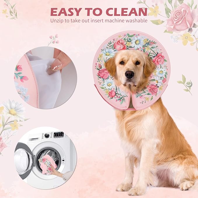 IEUUMLER Inflatable Recovery Dog Cone Collar, Neck Donut Protective ECollar, Adjustable Soft Collar for Dog and Cat After Surgery Prevent from Biting & Licking EU020 Floral Wreath M+
