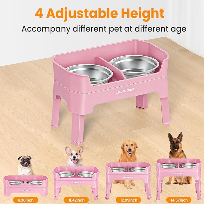 URPOWER 3-in-1 Elevated Dog Bowls - Mess Proof Double Deck 4 Height Adjustable Raised Stand with 2 Stainless Steel Food Bowls & Licking Plate for Small, Medium & Large Dogs