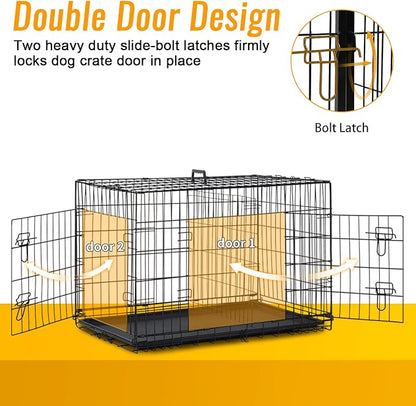 FDW Dog Crate for Medium Dogs 30 Inch Folding Metal WirePet Cage Double Door W/Divider Panel Indoor Outdoor Kennel Leak-Proof Plastic Tray,Black