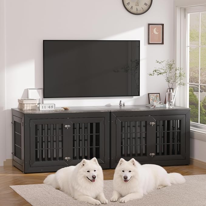 Snuowu 42" Heavy Duty Dog Crate Furniture for Small,Medium and Large Dogs,Rustic Wooden Dog Cage Kennel Indoor Furniture with Waterproof Top,Decorative Pet House Side End Table (Black & Grey)