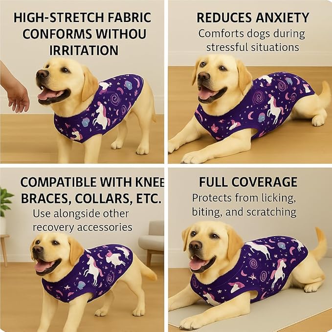 PetWarm Dog Surgical Suit, Dog Surgical Recovery Suit, Spay and Neuter, Prevents Licking After Surgery Onesie, Pet Recovery Suit for Dogs, Pet Recovery Shirt, Unicorn Pattern, Purple, 2XL