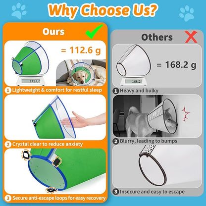 Dog Cone Collar, Clear Soft Cone for Dogs After Surgery to Stop Licking, Breathable Mesh Recovery Collar with Elastic Loop for Snug Fit, Adjustable E-Collar for Medium Dogs, Green Size 2