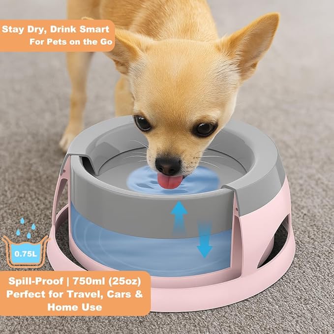 25oz Dog Water Bowl for Small/Medium Pets – Spill-Proof and No-Splash Slow Drinking Pet Water Dispenser, Portable Non-Slip Feeder Bowl for Travel, Car, Crate, and Home Use - Pink