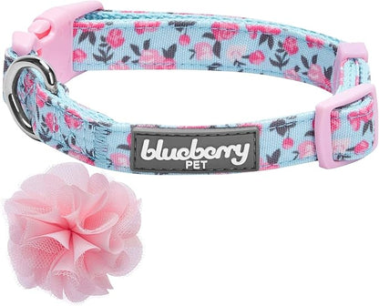 Blueberry Pet Made Well Cute Floral Print Adjustable Dog Collar in Light Blue with Pink Silk Flower, X-Small, Neck 7.5-10", Dog Collars for Small Dogs, Puppy Collar, Extra Small Dog Collar