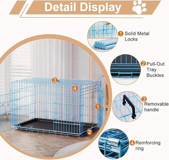 FDW Large Dog Crate 42inch Dog Cage Foldable Metal Kennel with Leakproof Tray Foldable Design Indoor Outdoor Use for Large Dogs,Blue