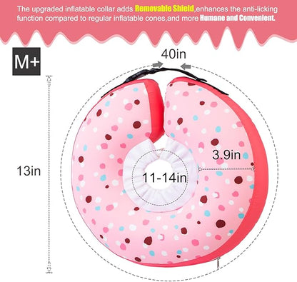 Dog Cone Collar Inflatable Donut for Large Medium Small Dogs, Soft Waterproof Dog Cone Alternative After Surgery Prevents Licking Wounds Easy Clean (Pink, M+ (Neck 11"-14"))