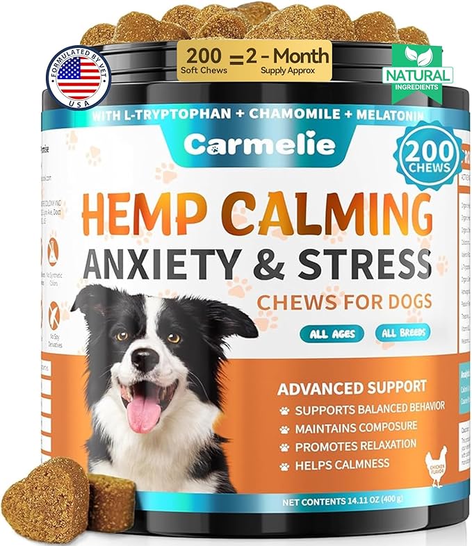 Carmelie Hemp Calming Chew for Dog - 200 Chews Dog Calming Treats -Dogs Anxiety & Stress Relief Valerian Root Chamomile Melatonin for Separation, Barking, Stress & Slee- Chicken Flavor