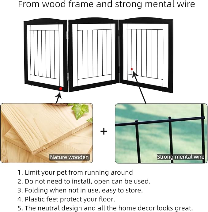 ZJSF Freestanding Foldable Dog Gate for House Extra Wide Wooden Black Indoor Puppy Gate Stairs Doorways Pet Gate Tall Dog Fence 3 Panels Fence