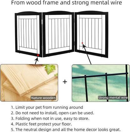 ZJSF Freestanding Foldable Dog Gate for House Extra Wide Wooden Black Indoor Puppy Gate Stairs Doorways Pet Gate Tall Dog Fence 3 Panels Fence