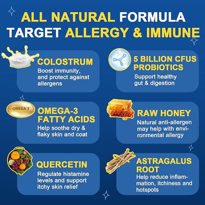 Dog Allergy Relief, Itch Relief for Dogs, Colostrum, Probiotics for Dogs Support Immunity, Omega3, Honey for Dry & Itchy Skin Relief, Seasonal Allergy, Pawlicking, Hot Spot Treatment, 95 Immune Bites