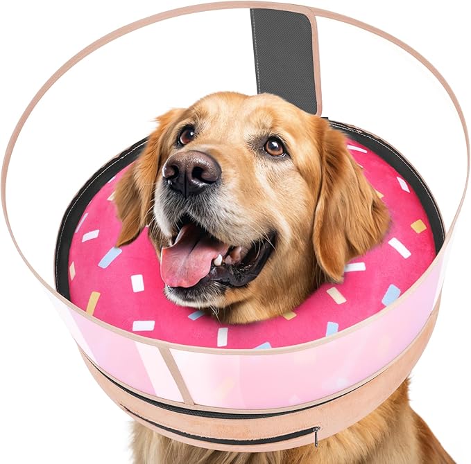 Inflatable Dog Cone with Anti-Licking Clear Shield, Protective Dog Donut Collar After Surgery, Adjustable Soft Recovery Cone for Pets, Alternative Collar with Buckle Strap (Pink, M+)