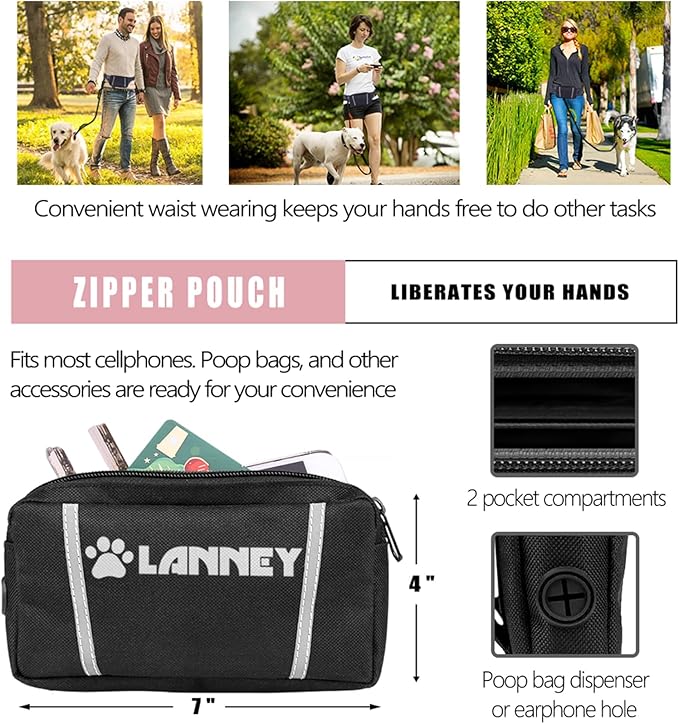 LANNEY Hands Free Dog Leash, Waist Running Leash with Zipper, Walking Pouch for Medium Large Dogs, Dual Handle and Retractable Bungee for Training Jogging Hiking(25-120 lbs, Pink)