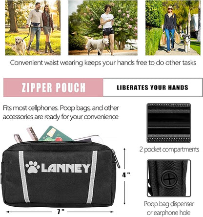 LANNEY Hands Free Dog Leash, Waist Running Leash with Zipper, Walking Pouch for Medium Large Dogs, Dual Handle and Retractable Bungee for Training Jogging Hiking(25-120 lbs, Pink)