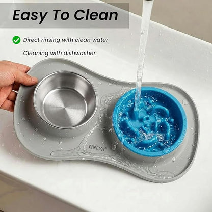 YINEYA Slow Feeder Dog Bowls Stainless Steel Food and Water Bowl Set 3 in 1 No Spill Waterproof Silicone Pet Food Mat Puppy Feeding Station for Large Medium Small Breed Non Slip Metal Dish Tray