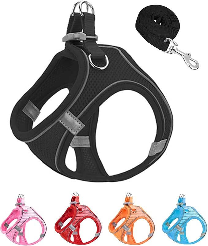 XS Black Soft Mesh Dog Harness and Leash Set,No Escape Puppy Harnesses for Training Walking， Reflective Adjustable Puppy Vest for Small Medium Dogs, Cats (Black, XS)