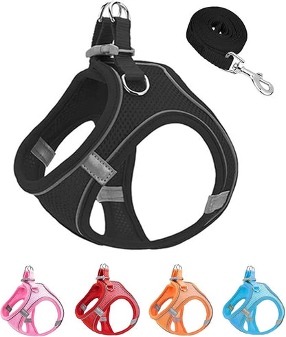 XXS Black Soft Mesh Dog Harness and Leash Set,No Escape Puppy Harnesses for Training Walking， Reflective Adjustable Puppy Vest for Small Medium Dogs, Cats (Black, XXS)