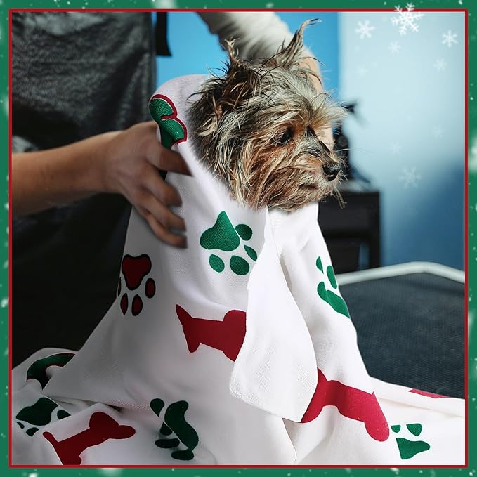 Chumia 8 Pcs Dog Towels for Drying Dogs Cats Pet Towels Bulk Puppy Microfiber Fast Drying Paw Bath Bathing Supplies Absorbent for Medium Pets(40 x 24 Inch,Dog Paw and Bone,Red Green)