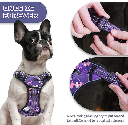 No Pull Dog Harness for Small Dogs, Adjustable No Choke Pet Vest with Dog Leash Fit Smart Reflective Pet Walking Harness for Training Easy Control Soft Handle Purple Camo S