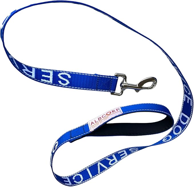 Albcorp Service Dog Leash - Embroidered- with Padded Neoprene Handle and Reflective Threads, 4 Feet, for Harnesses, Vests or Collars. Blue