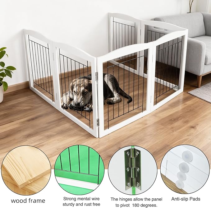 ZJSF Freestanding Foldable Dog Gate Wooden Extra Wide White Puppy Gate 6 Panels Tall Pet Gates for The House Dog Fence
