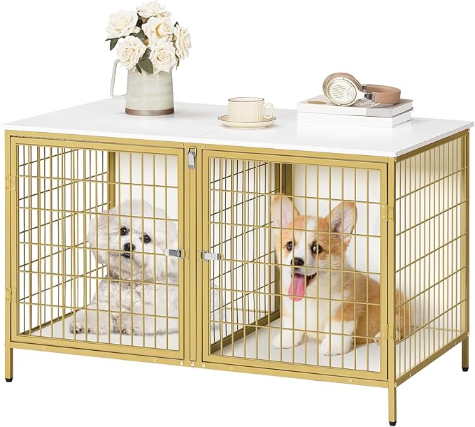 MAHANCRIS Dog Crate Furniture for 2 Dogs, 43.3" Dog Kennel with Removable Divider, Heavy Sturdy Dog Furniture Style Double Cage for Small Medium Dog, Indoor Pet House End Table, White and Gold
