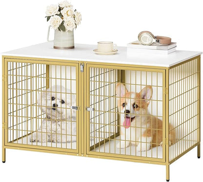 MAHANCRIS Dog Crate Furniture for 2 Dogs, 43.3" Dog Kennel with Removable Divider, Heavy Sturdy Dog Furniture Style Double Cage for Small Medium Dog, Indoor Pet House End Table, White and Gold
